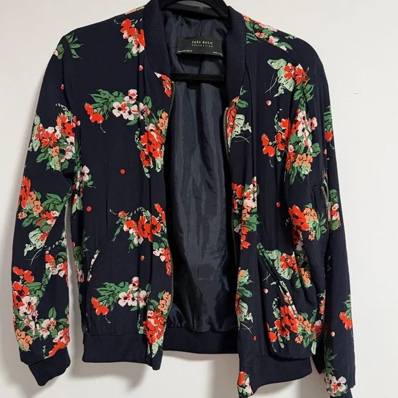 Zara Basic Navy Floral Bomber Jacket- medium - Picture 1 of 16